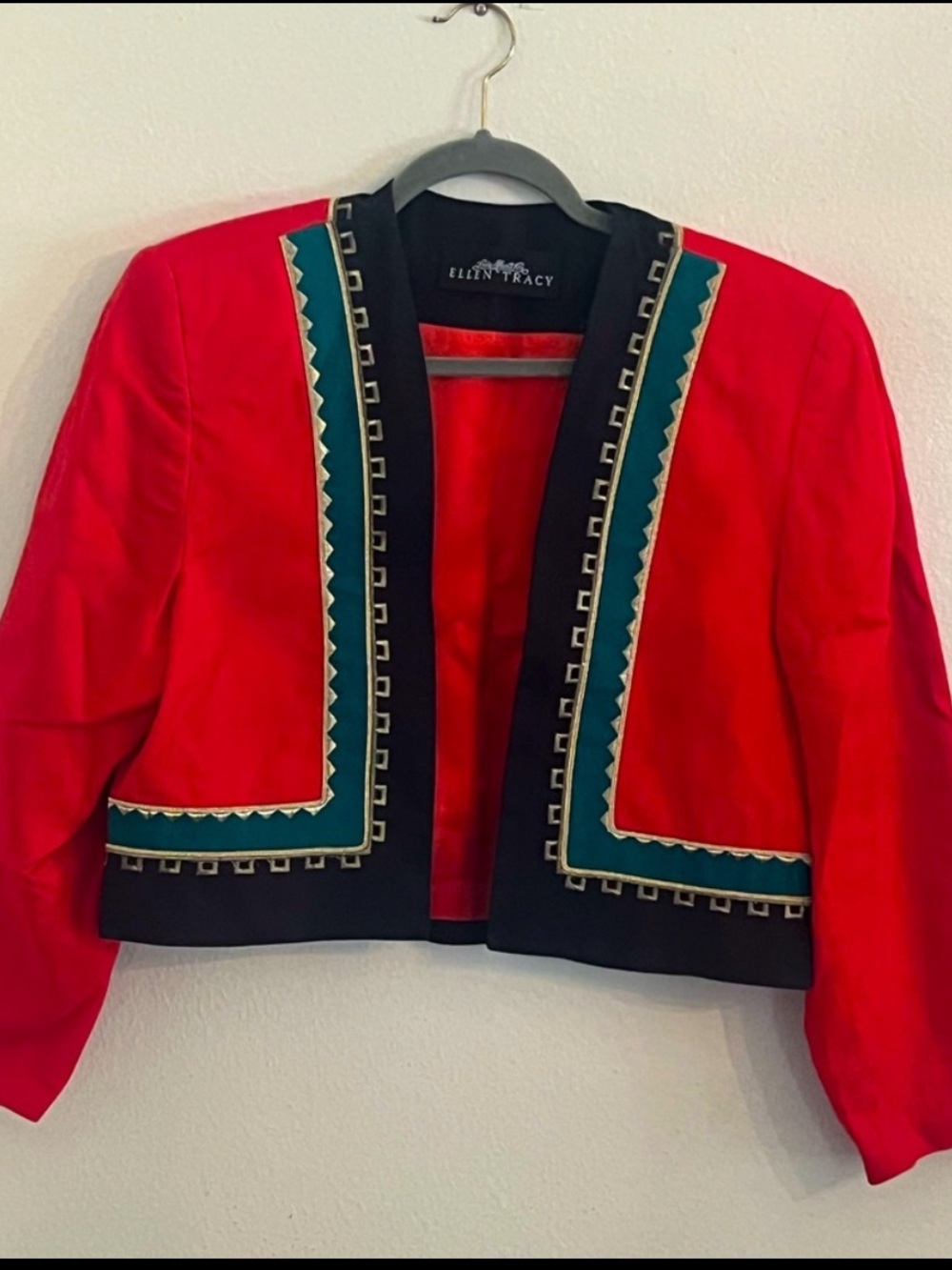 Vintage Ellen Tracy Red Embroidered Gold Teal Cropped Bolero Linen Jacket Med